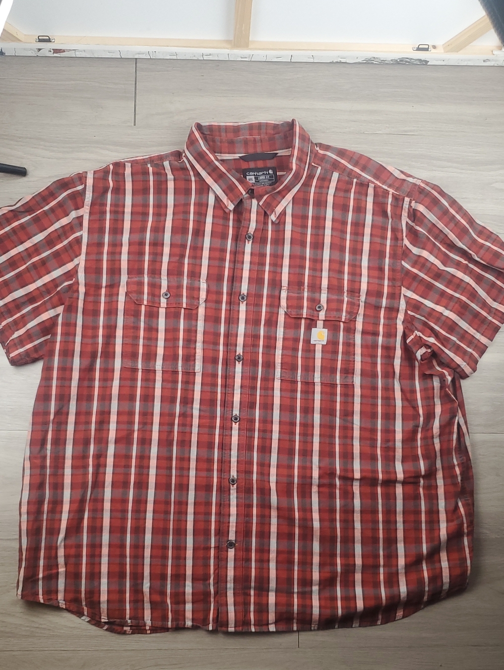 Carhartt 4XL Loose Fit Plaid Work Shirt Burnt Orange Red Black Short Sleeve